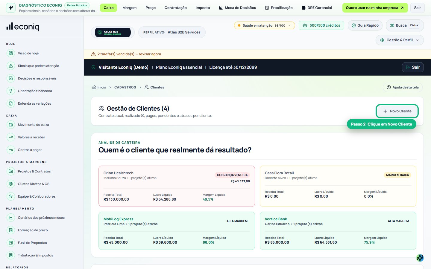 Tela da Econiq no passo 2: 2. Cadastre seus clientes (Quem paga as contas)
