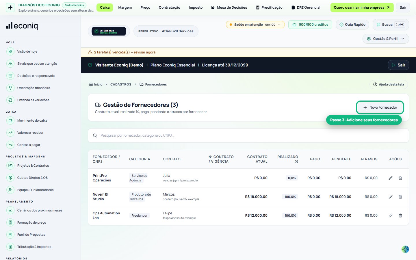 Tela da Econiq no passo 3: 3. Cadastre os fornecedores (Para quem você paga)