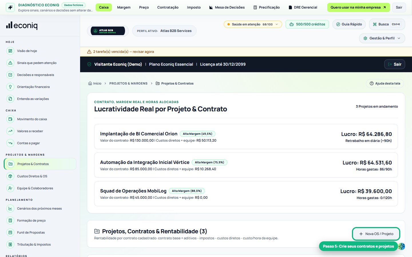 Tela da Econiq no passo 5: 5. Cadastre projetos e contratos (O trabalho vendido)