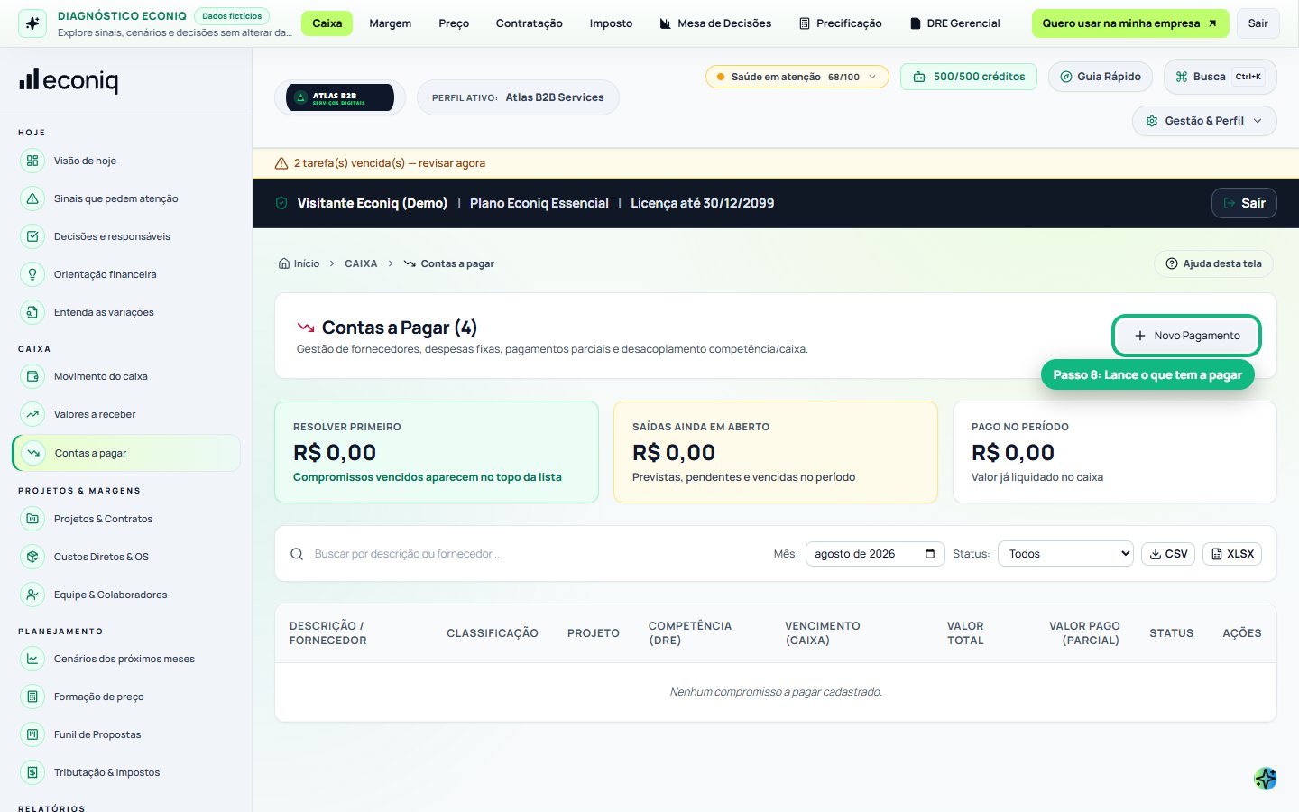 Tela da Econiq no passo 8: 8. Contas a pagar (Os compromissos futuros)