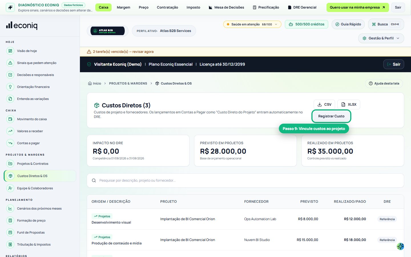 Tela da Econiq no passo 9: 9. Custos diretos por projeto (Gastos extras daquele job)