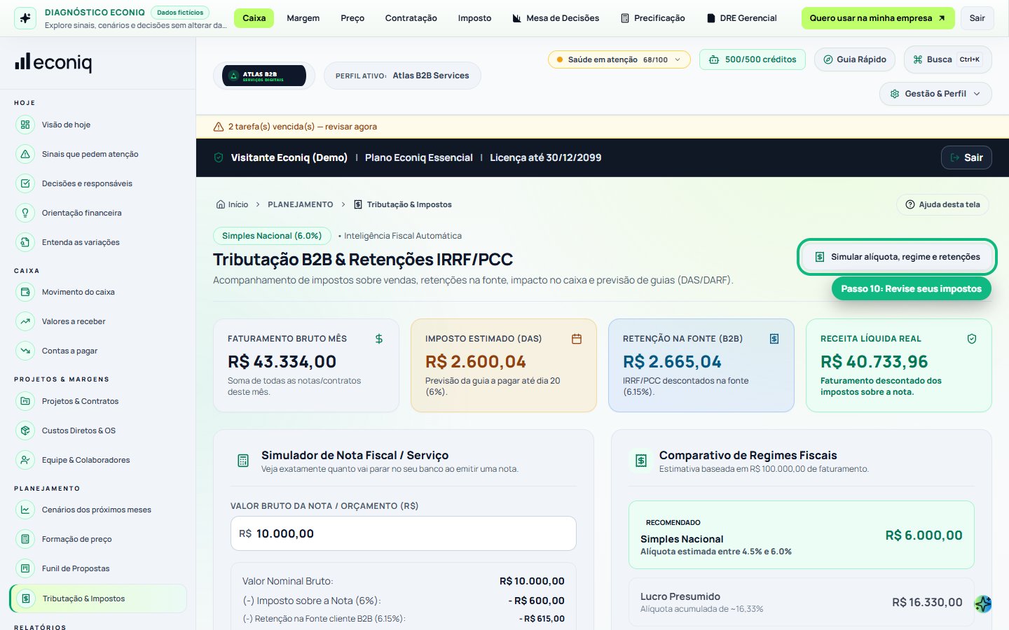 Tela da Econiq no passo 10: 10. Impostos e alíquotas (A parte do governo)