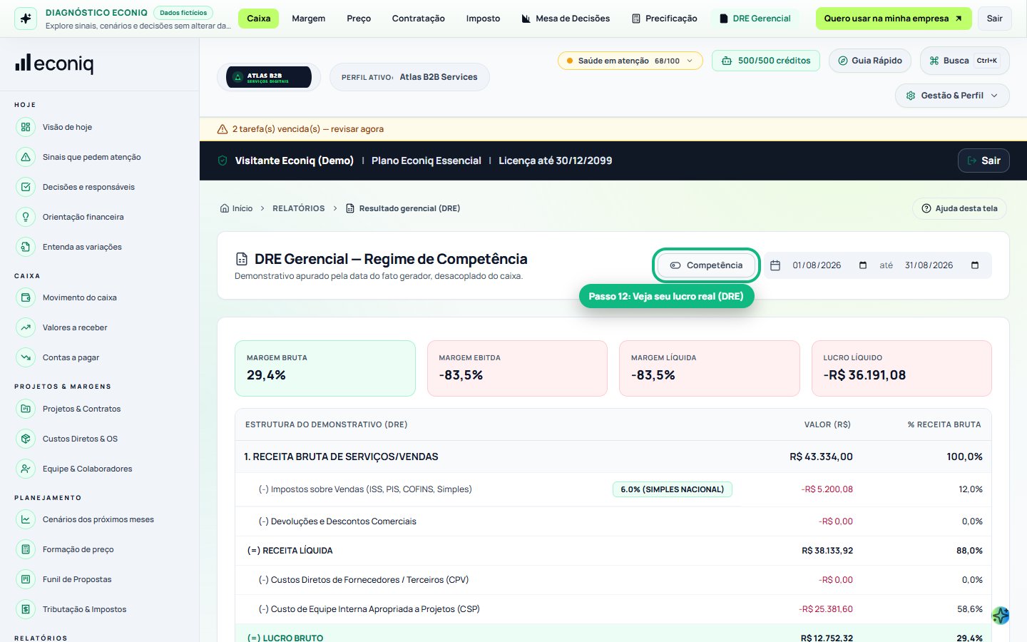 Tela da Econiq no passo 12: 12. DRE Gerencial (O raio-X do seu lucro)