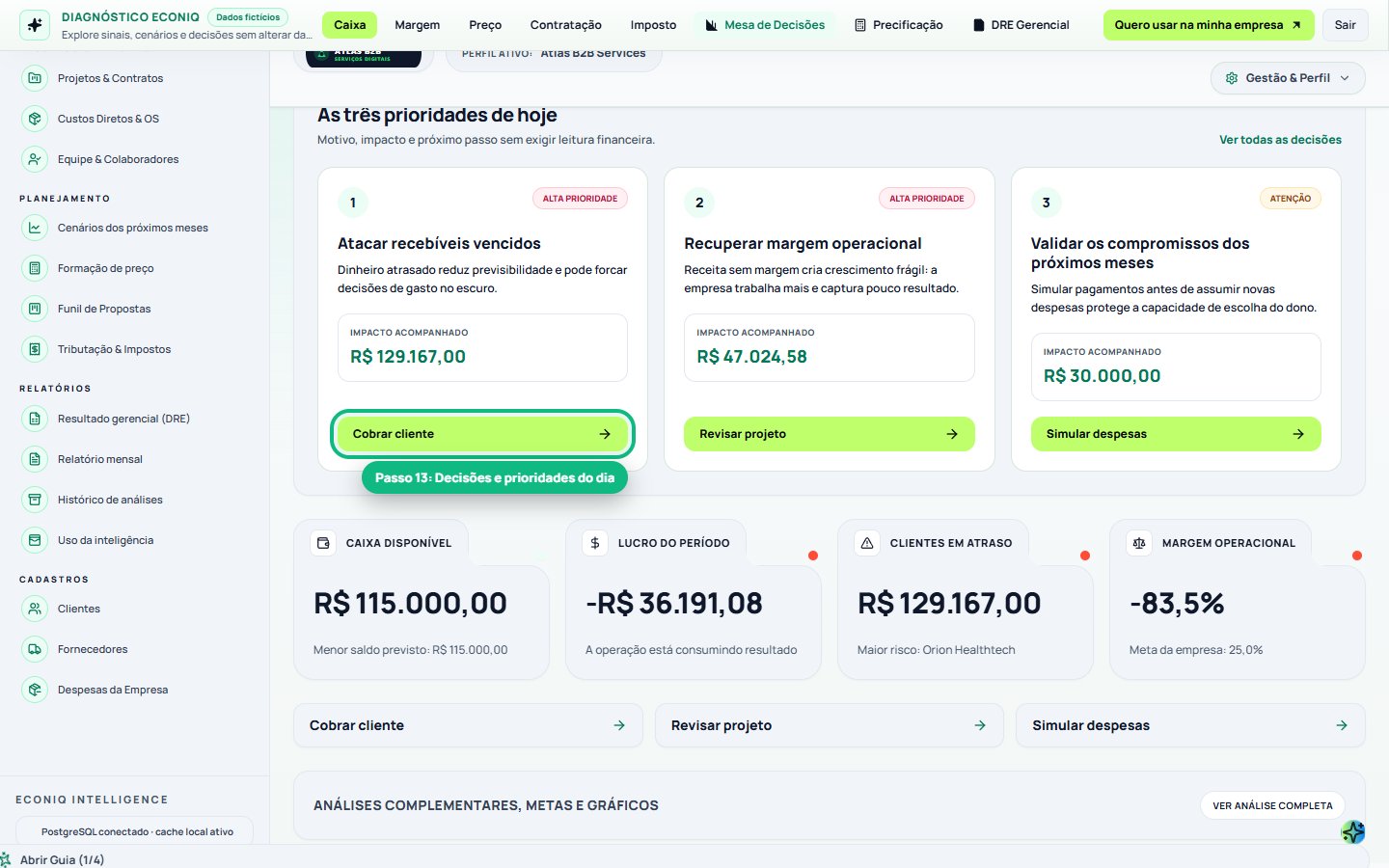 Tela da Econiq no passo 13: 13. Visão de hoje (Seu copiloto diário)