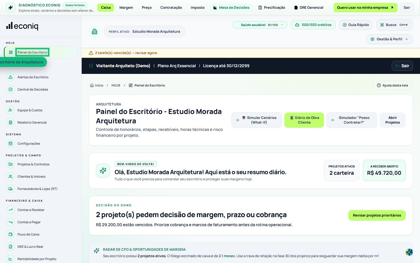 Tela da Econiq no passo 1: 1. Painel do Escritório (Seu centro de comando)