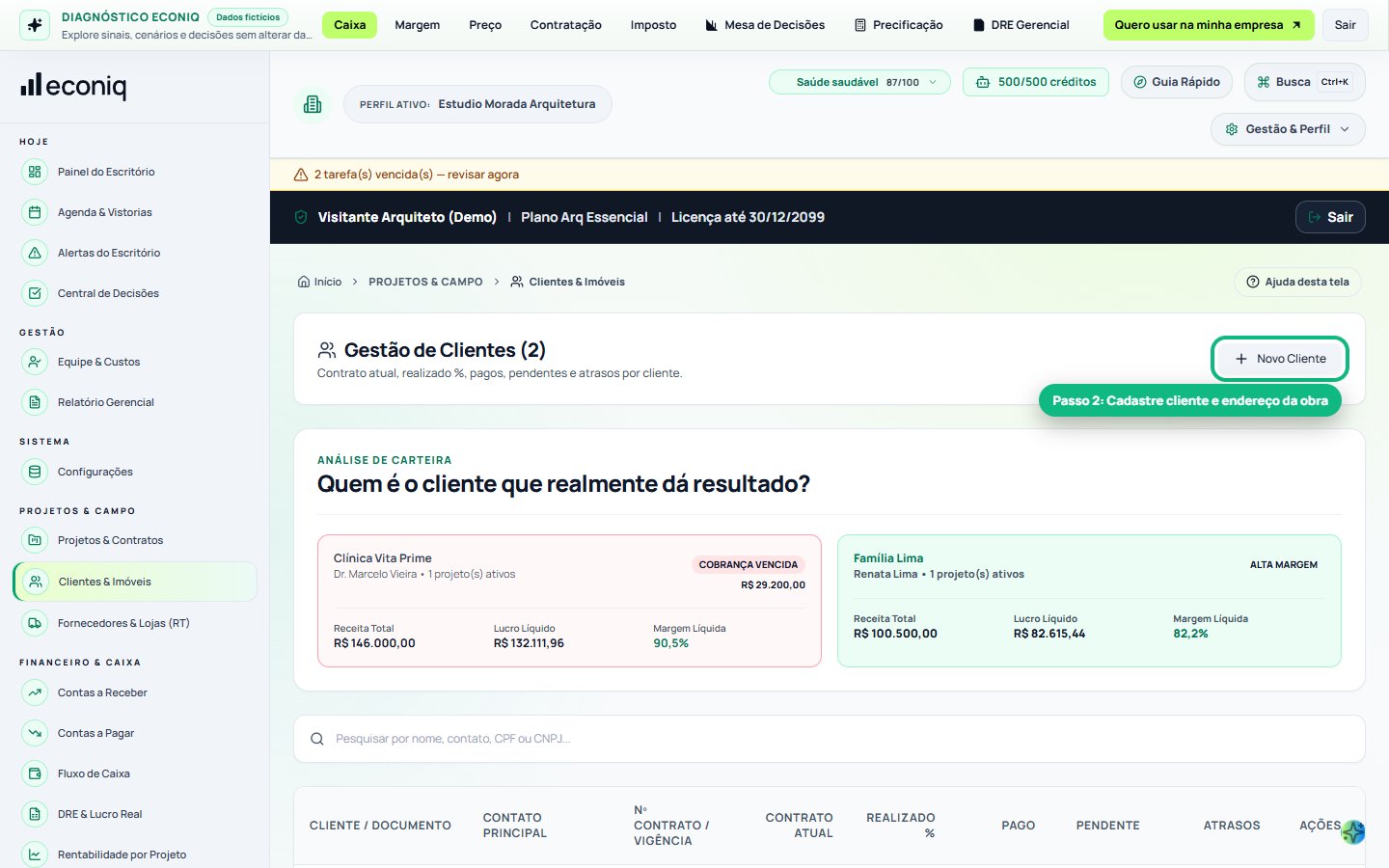 Tela da Econiq no passo 2: 2. Cadastre clientes e dados da obra (Briefing & Imóvel)