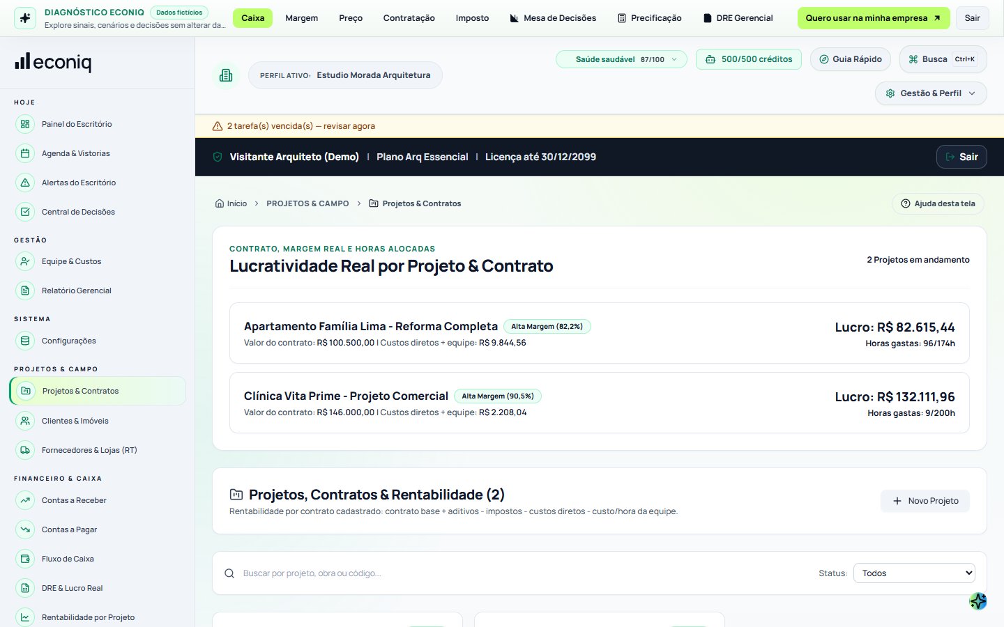 Tela da Econiq no passo 3: 3. Crie os Projetos e Contratos (Estudo, Executivo e Obra)