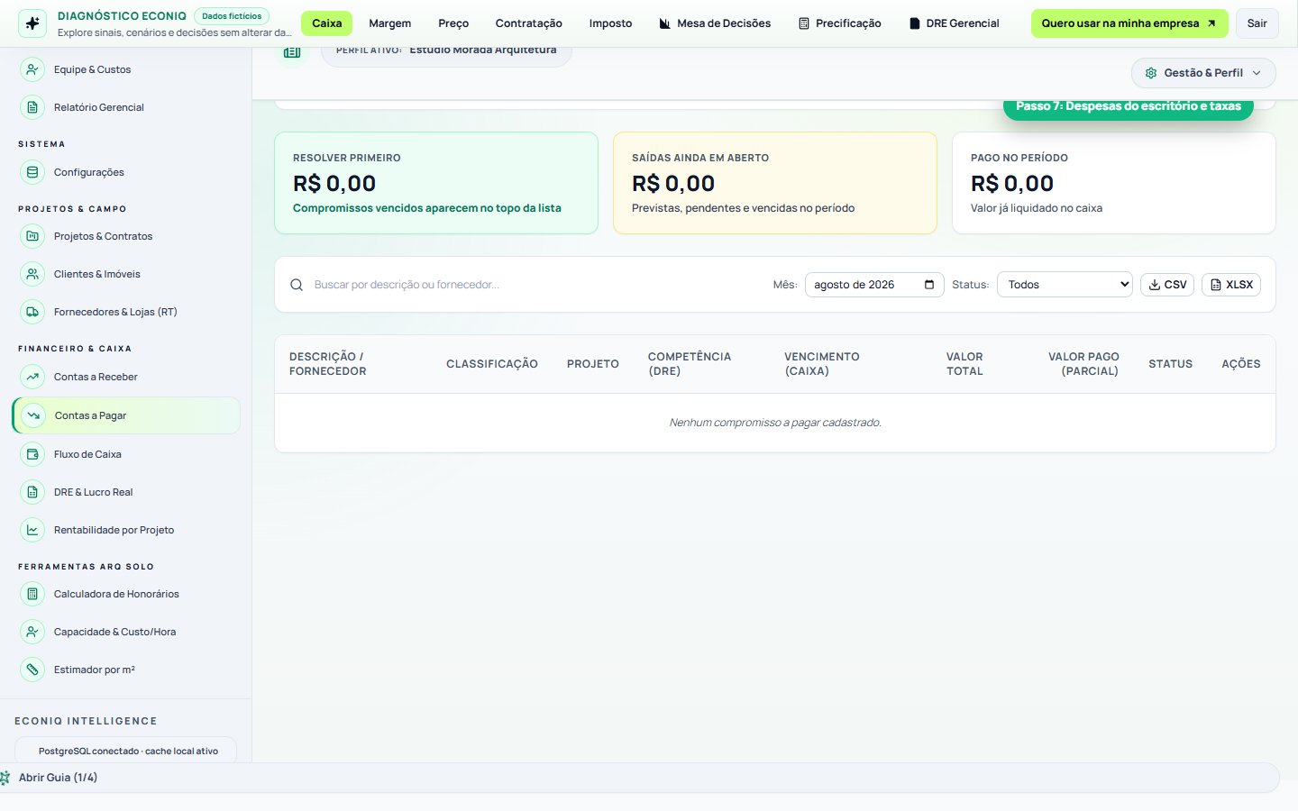Tela da Econiq no passo 7: 7. Contas a Pagar (Despesas do escritório e plotagens)