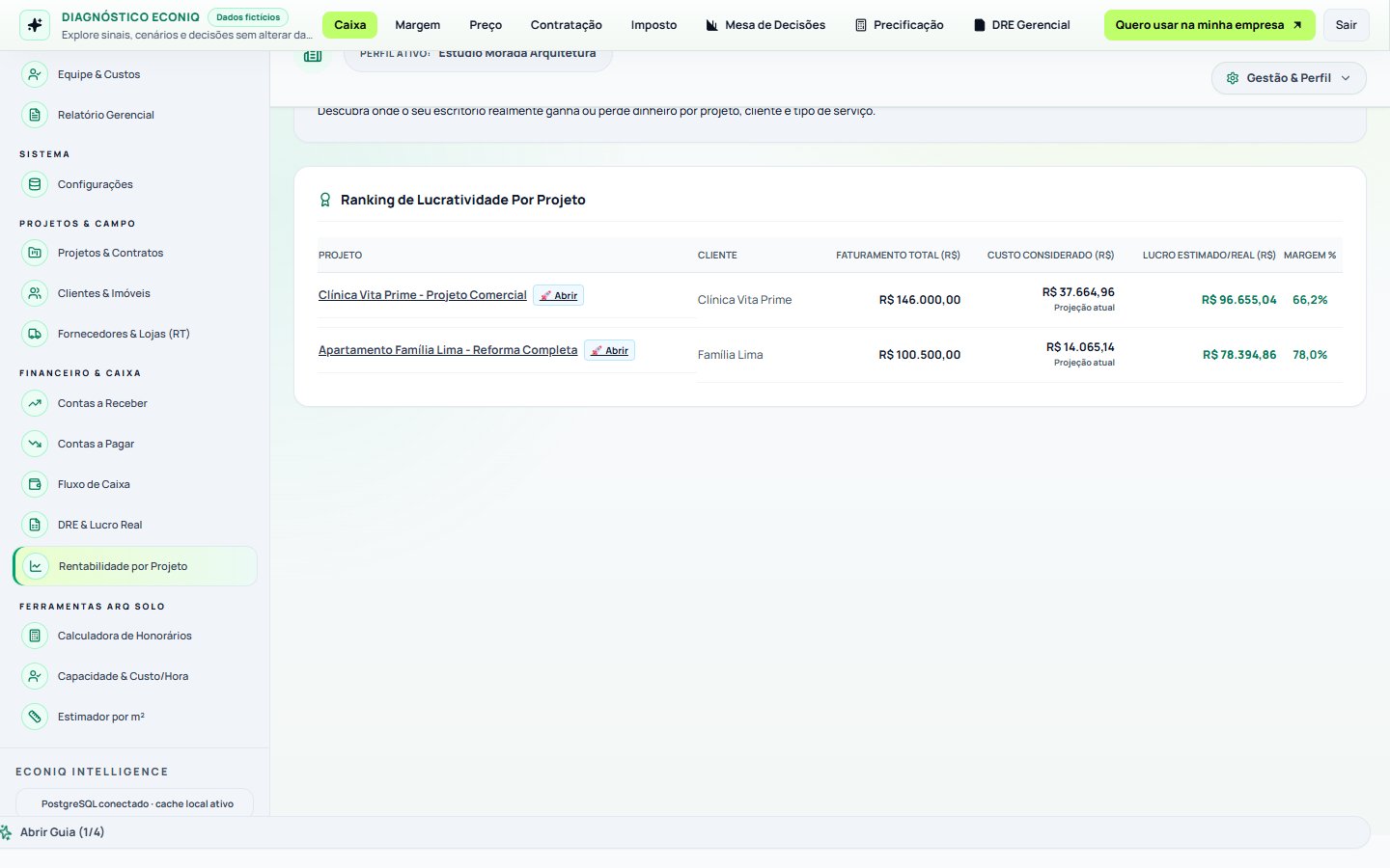 Tela da Econiq no passo 8: 8. Rentabilidade por Projeto (Qual obra deu mais lucro)