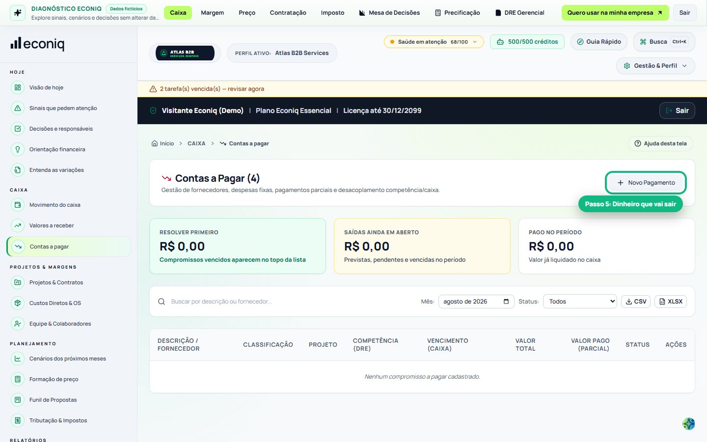 Tela da Econiq no passo 5: 5. Contas a pagar (O que você tem a pagar)