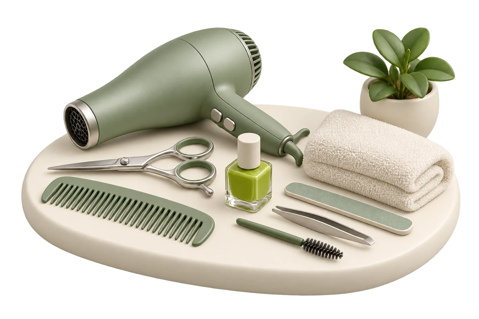 Instrumentos de cabelo, manicure e sobrancelhas em uma composição verde e creme